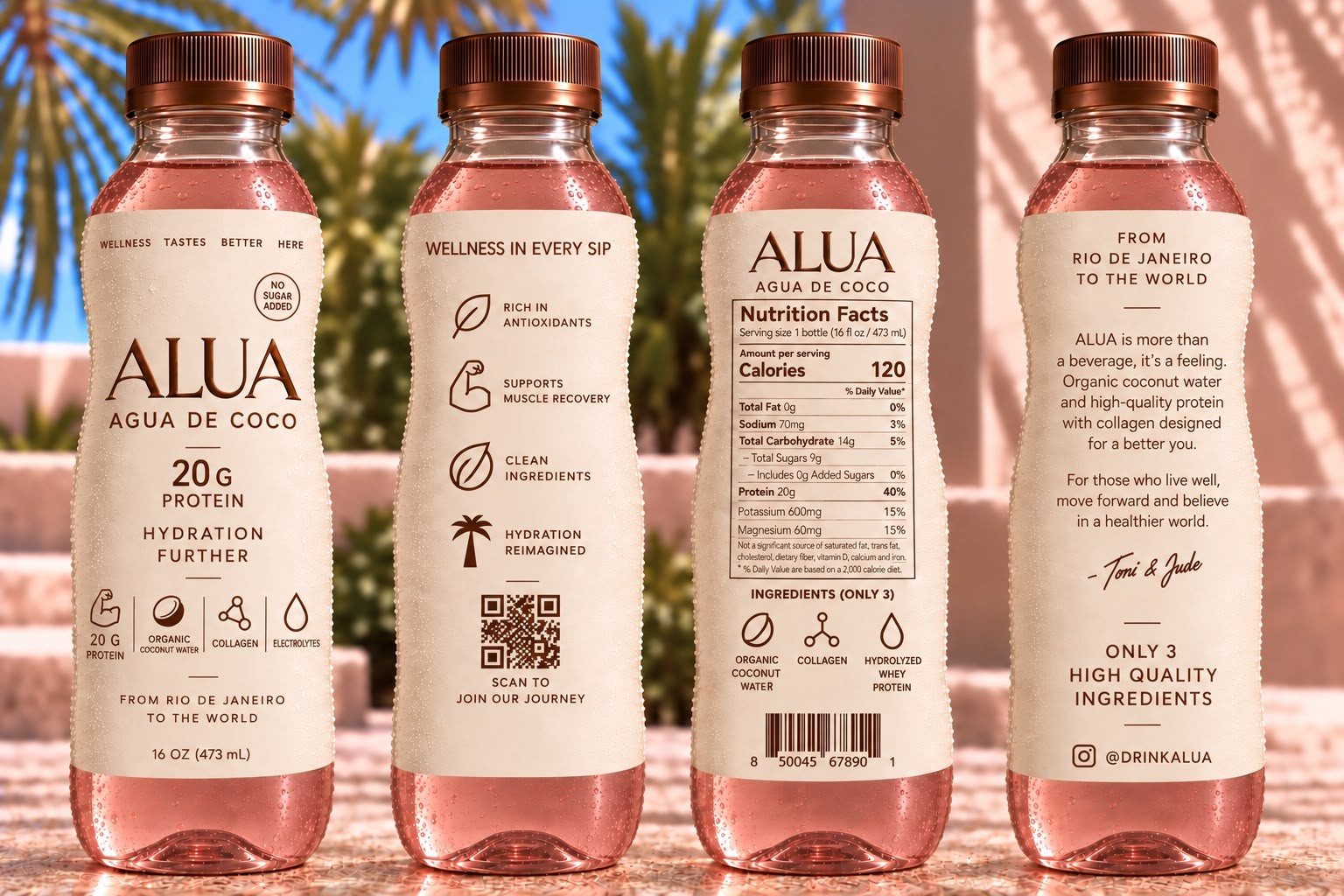 Four ALUA bottles showing each side of the label