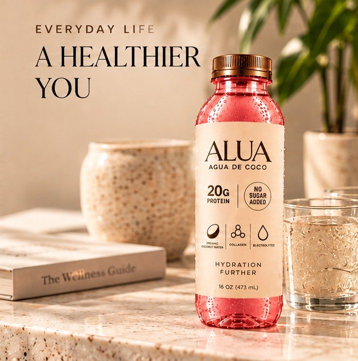 Everyday life: A healthier you. An ALUA bottle on a stone counter beside a vase, book and glass