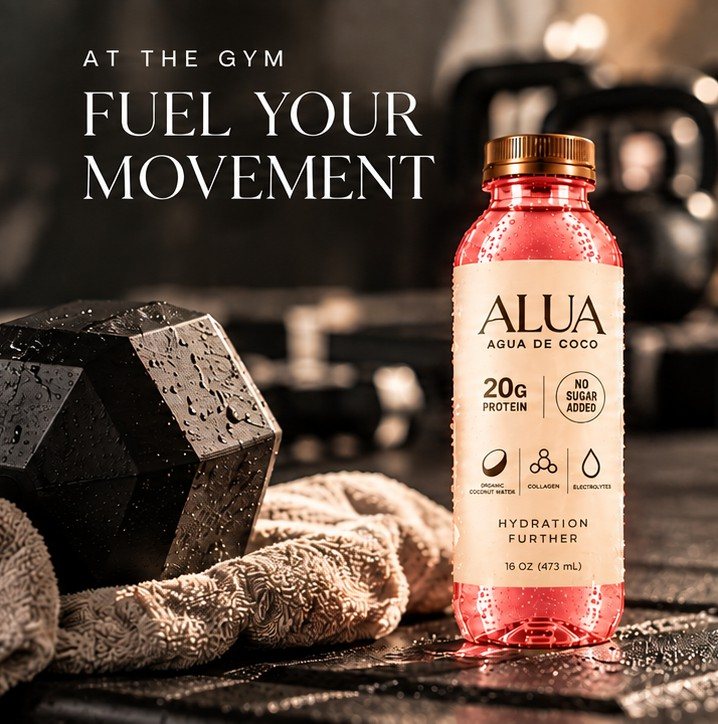At the gym: Fuel your movement. An ALUA bottle beside a black dumbbell and towel
