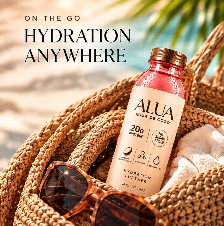 On the go: Hydration anywhere. An ALUA bottle in a woven straw tote with sunglasses